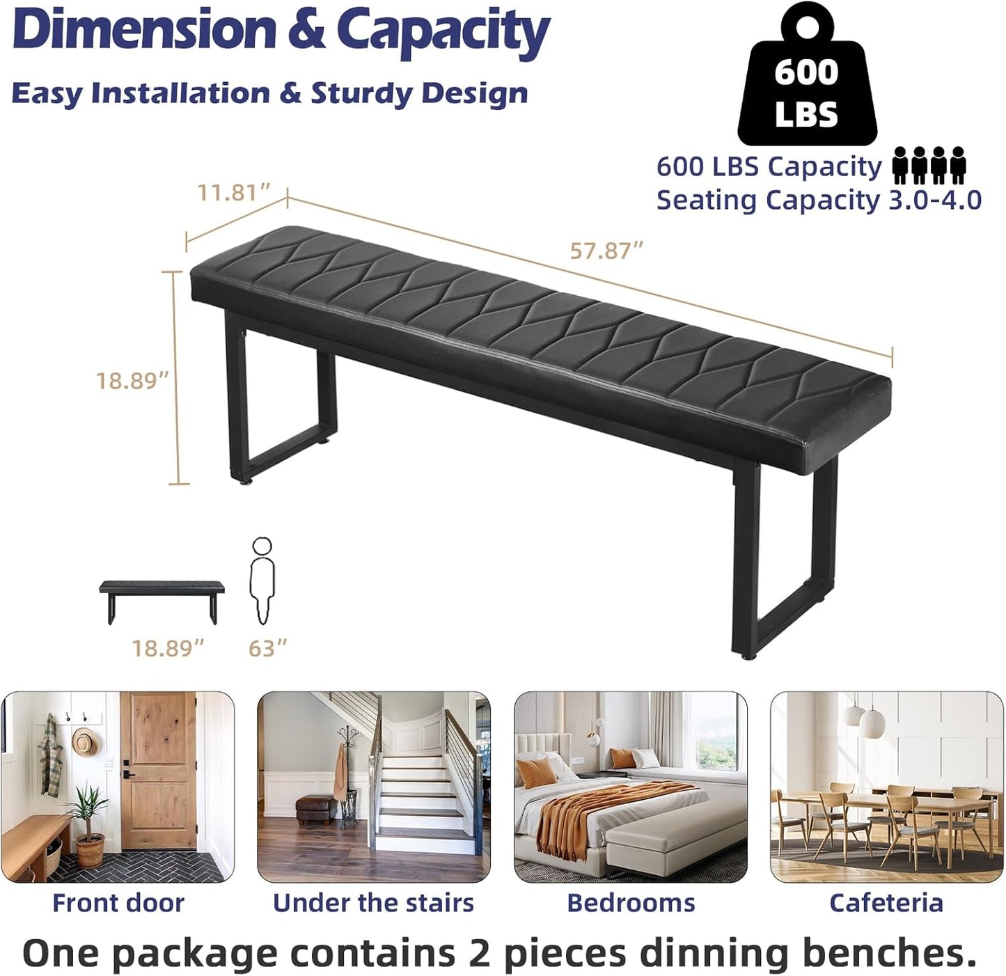 58” Padded Dining Table Bench Pair of 2 for 6-8 Person, Faux Leather Indoor Cushioned Extra Long Bench for Dining Room Table, Bedside Shoe Entryway Benches (Black, 58")