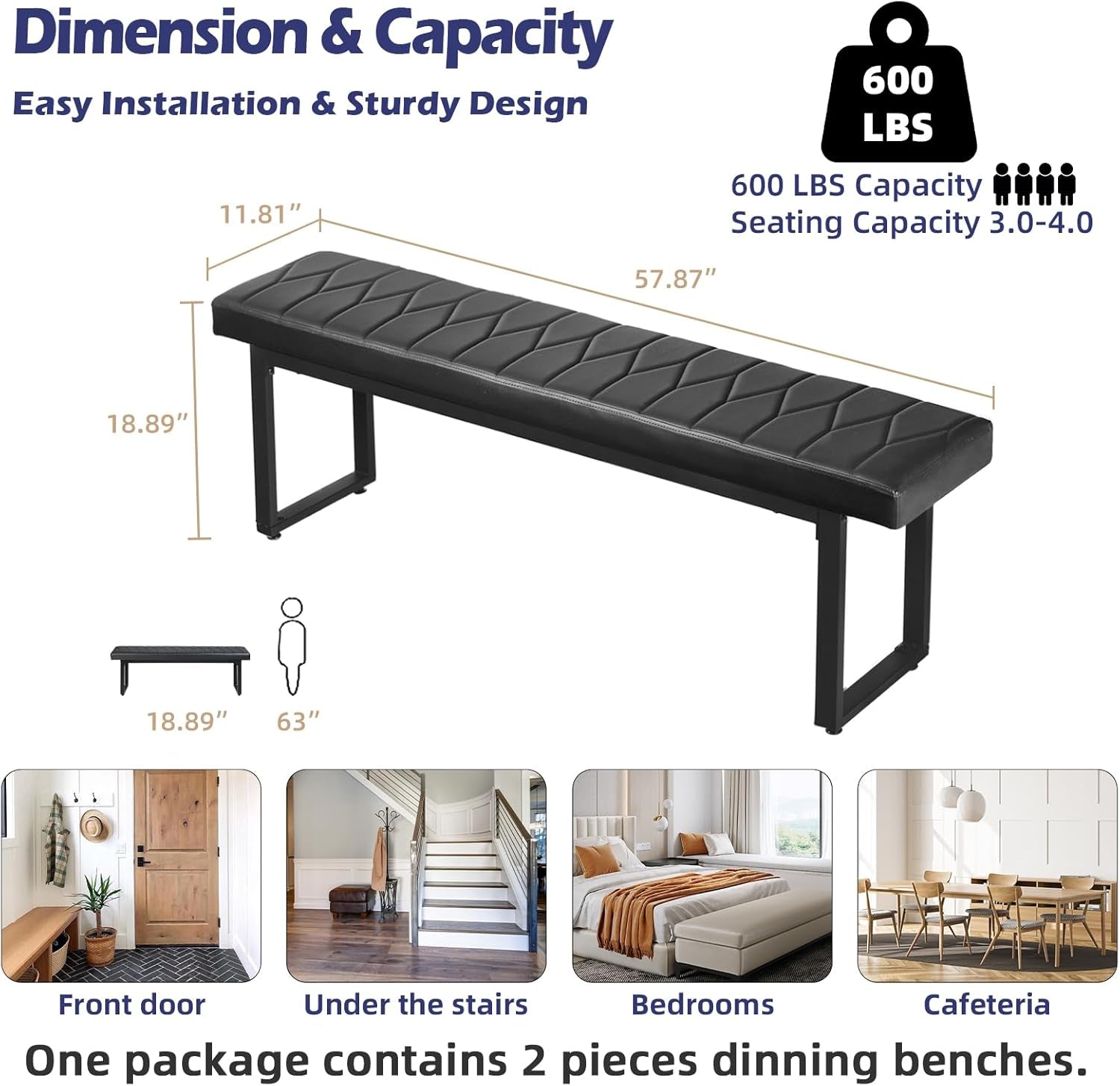 58” Padded Dining Table Bench Pair of 2 for 6-8 Person, Faux Leather Indoor Cushioned Extra Long Bench for Dining Room Table, Bedside Shoe Entryway Benches (Black, 58")
