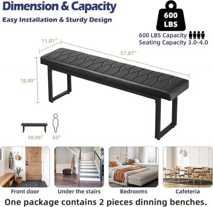 58” Padded Dining Table Bench Pair of 2 for 6-8 Person, Faux Leather Indoor Cushioned Extra Long Bench for Dining Room Table, Bedside Shoe Entryway Benches (Black, 58")