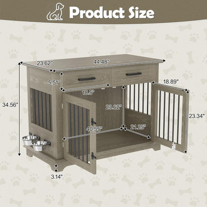 44.48" Large Dog Crate, 3-In-1 Wooden Dogs Crate End Table TV Stand Furniture with 2 Storage Drawers and Rotating Bowls, Decorative Pet House Dog Crates for Small/Medium Dogs, Gray