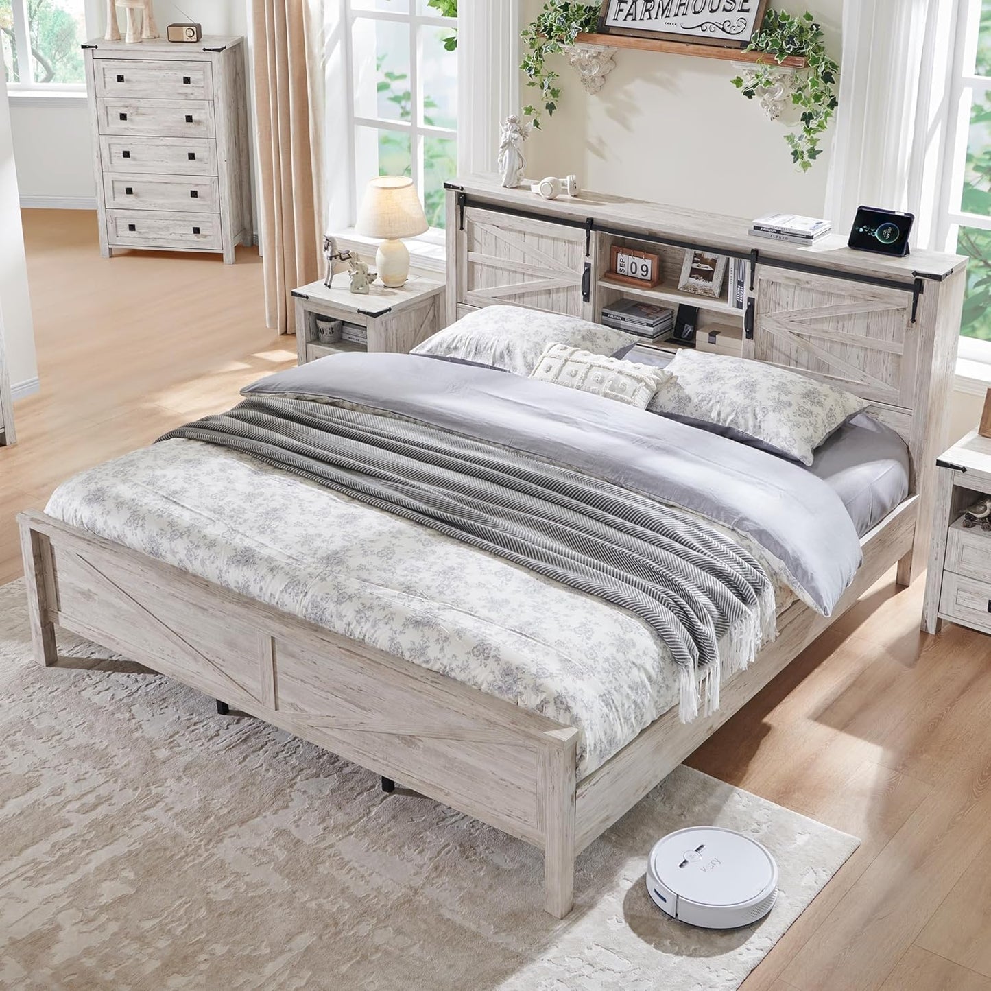Farmhouse King Size Bed Frame with Bookcase Headboard, Sliding Barn Door, Storage Cabinet, Charging Station, Wood Slats Support, No Box Spring Needed, Antique Brush White
