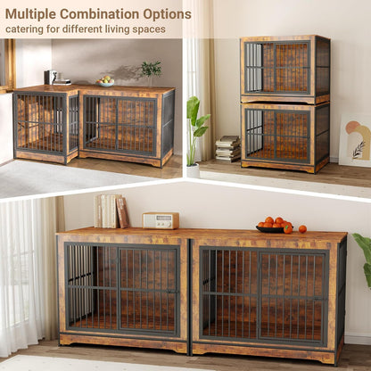 Double Dog Crate Furniture, 86 Inch, 2 Dog Crate with Removable Divider & Trays, Furniture Style Dog Cage for 2 Dogs Indoor with Three Doors, Rustic Brown