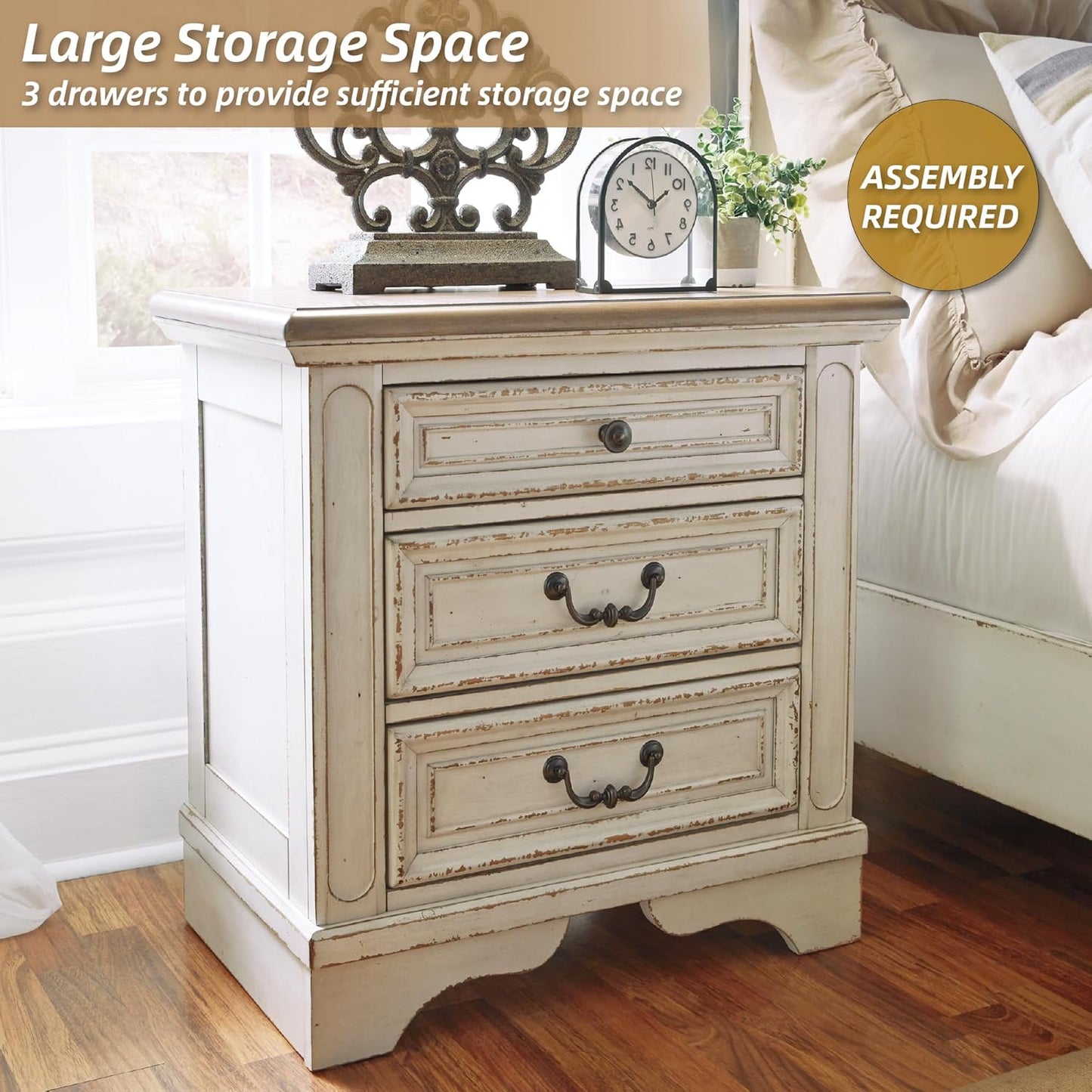 Realyn French Country 3 Drawer Nightstand with Electrical Outlets & USB Ports, 27.75" Tall, Chipped White