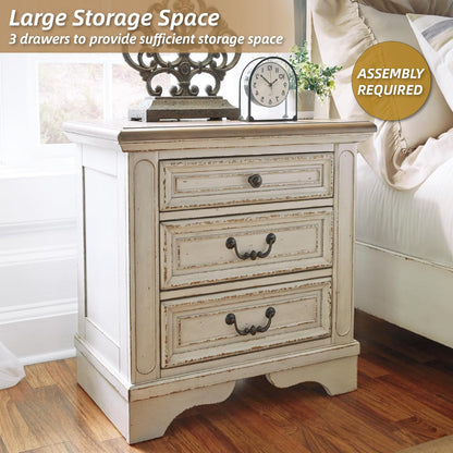 Realyn French Country 3 Drawer Nightstand with Electrical Outlets & USB Ports, 27.75" Tall, Chipped White
