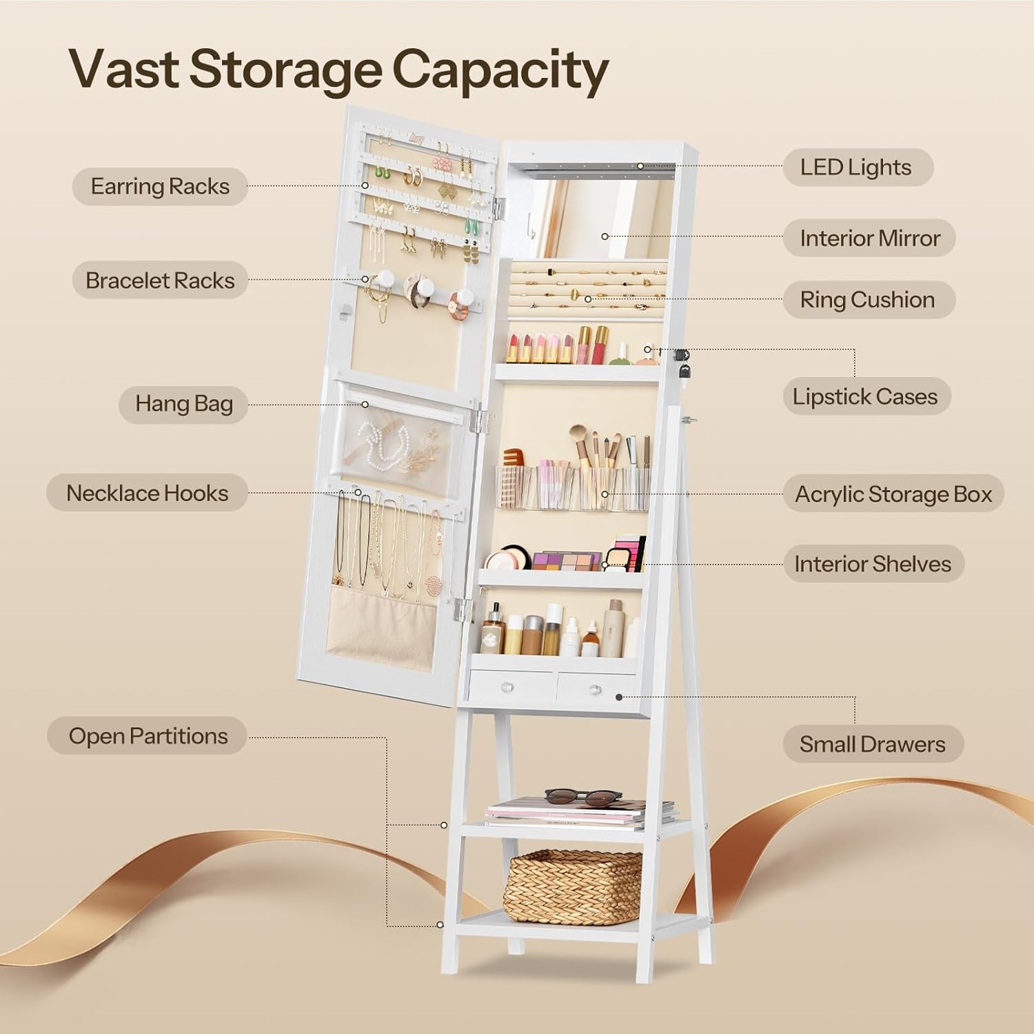 Standing Jewelry Cabinet with LED Lights, Jewelry Organizer with Storage Shelves, Full Length Mirrored Jewelry Armoire, Lockable Cosmetics Storage Cabinet, Makeup Brush Boxes, White