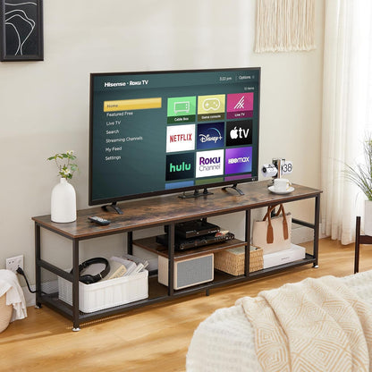 TV Stand with Power Outlets for Televisions up to 80 Inch,70" Media Entertainment Center with Charging Station 3-Tier Open Storage Shelves with Metal Frame for Living Room/Bedroom，Brown