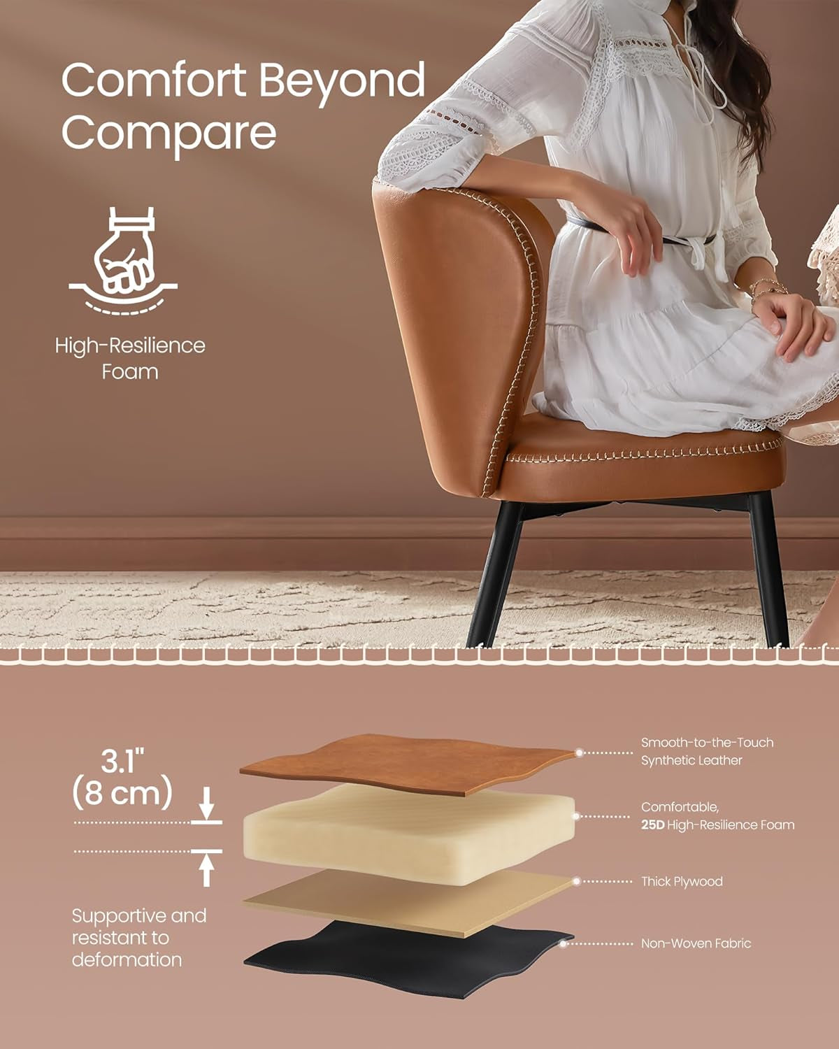 EKHO Collection - Dining Chairs Set of 2, Upholstered Kitchen Chairs, Comfortable Seat, Synthetic Leather with Stitching, Mid-Century Modern, Easy Assembly, Living Room Lounge, Caramel Brown