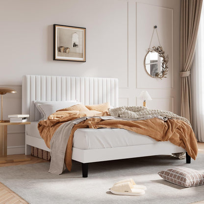 Queen Upholstered Platform Bed Frame with Vertical Channel Tufted Velvet Fabric Adjustable Headboard, Wooden Slats Support, Mattress Foundation, Box Spring Optional, White