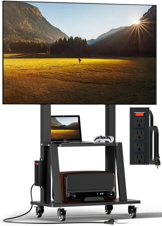 Mobile TV Cart with Power Outlet, Rolling TV Stand on Wheels for 32-75 Inch Television, Mobile TV Stand Height Adjustable,15° Adjustable Viewing Angle,Max 130LBS, Vesa Max 600×400