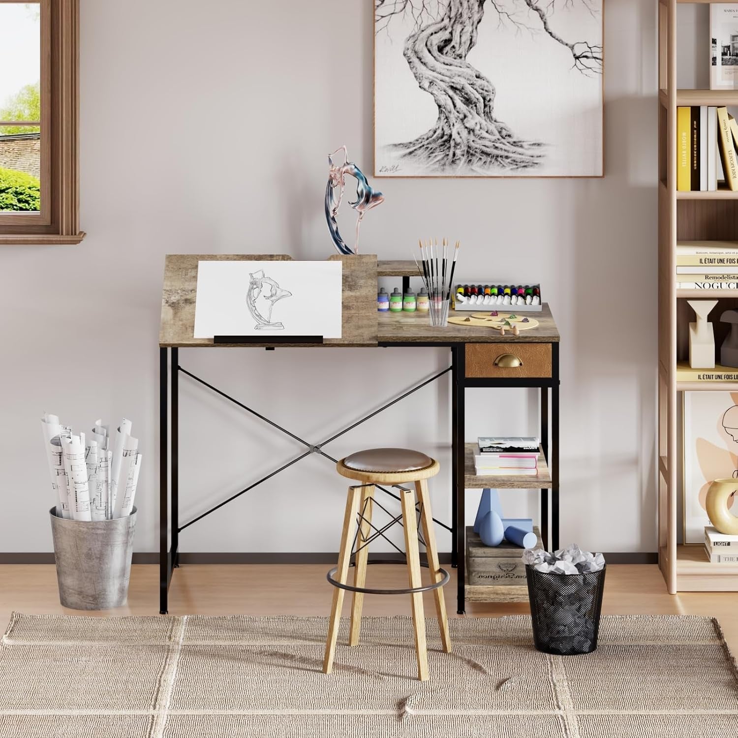 Drafting Table with Storage Shelves & Drawer, 43" Adjustable Art Desk with Monitor Stand for Home Office Computer, Tiltable Draft Drawing Table for Artist, Study, Writing Workstation