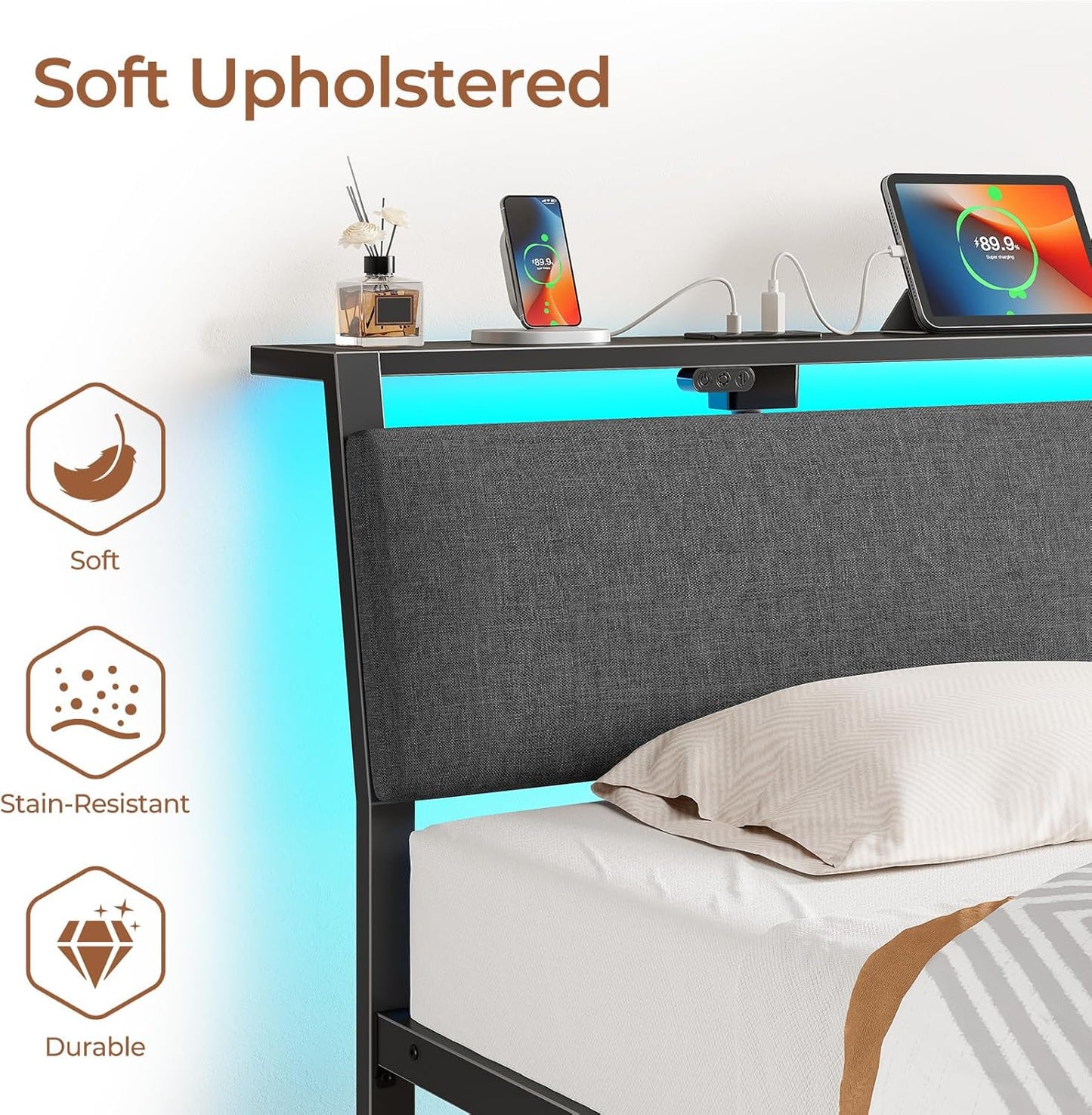 Twin Bed Frame with Ergonomic Headboard Storage & Charging Station, Upholstered Platform Bed with LED Light & Drawer, Heavy Duty Metal Slats, Noise Free, No Box Spring Needed, Grey