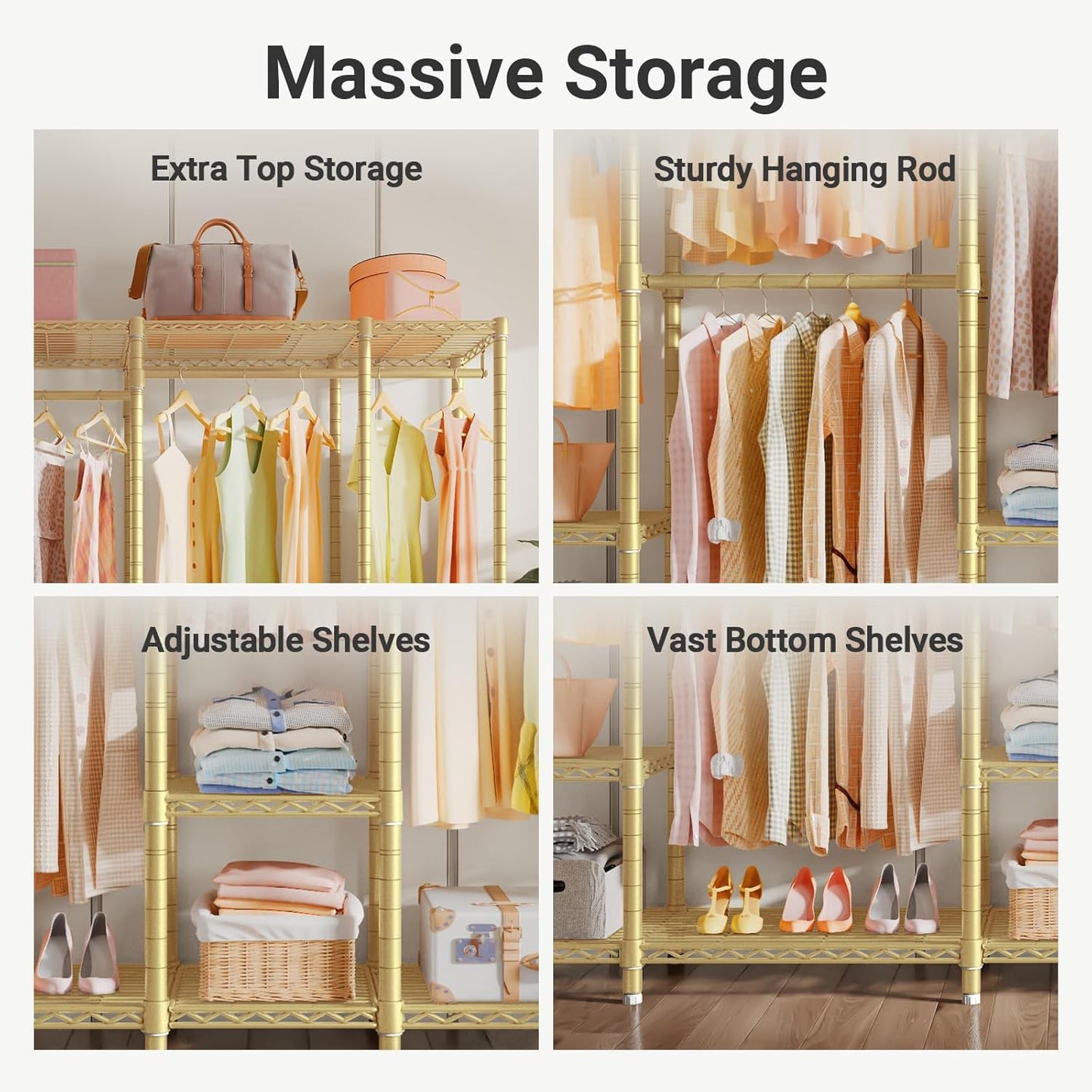 V50 Closet Organizer System, Extra Large Heavy Duty Clothes Rack with Adjustable Shelves, Freestanding Modern Wardrobe for Bedroom, Walk-In Closet, Dressing Room, 1300 Lbs Capacity, Gold
