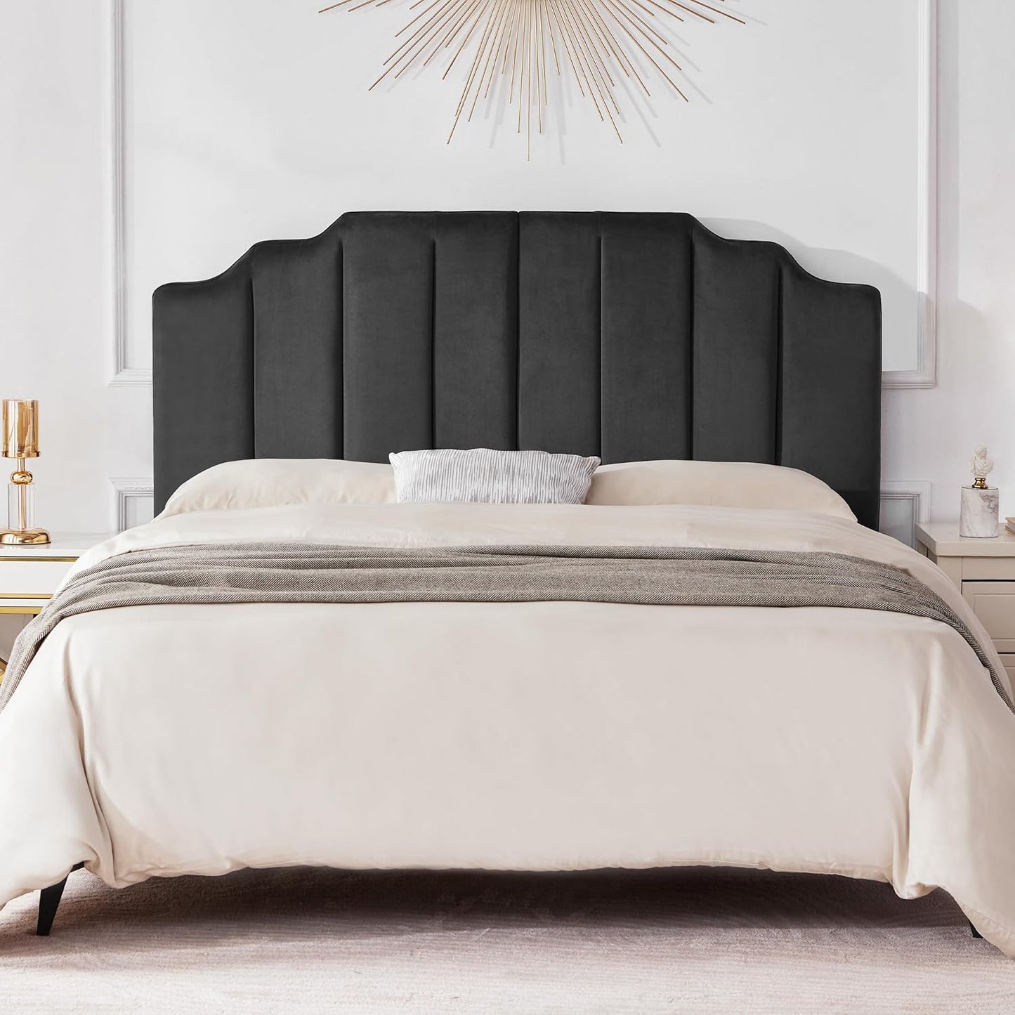 King Upholstered Headboard, Velvet Head Board, Tufted King Headboard Only, Elegantly Curved Headboards Only, Modern Vertical Channel Design Bed Head Board, Dark Gray