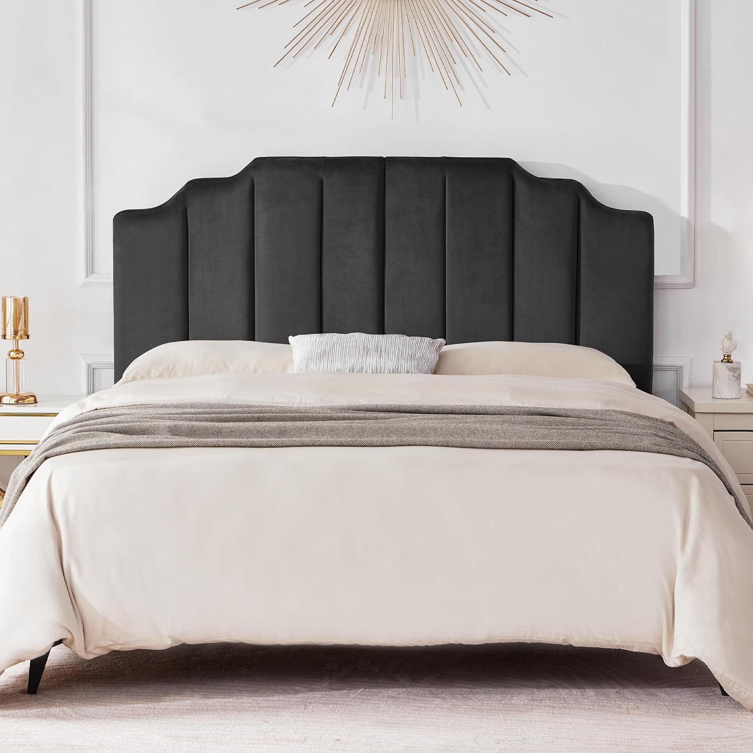 King Upholstered Headboard, Velvet Head Board, Tufted King Headboard Only, Elegantly Curved Headboards Only, Modern Vertical Channel Design Bed Head Board, Dark Gray