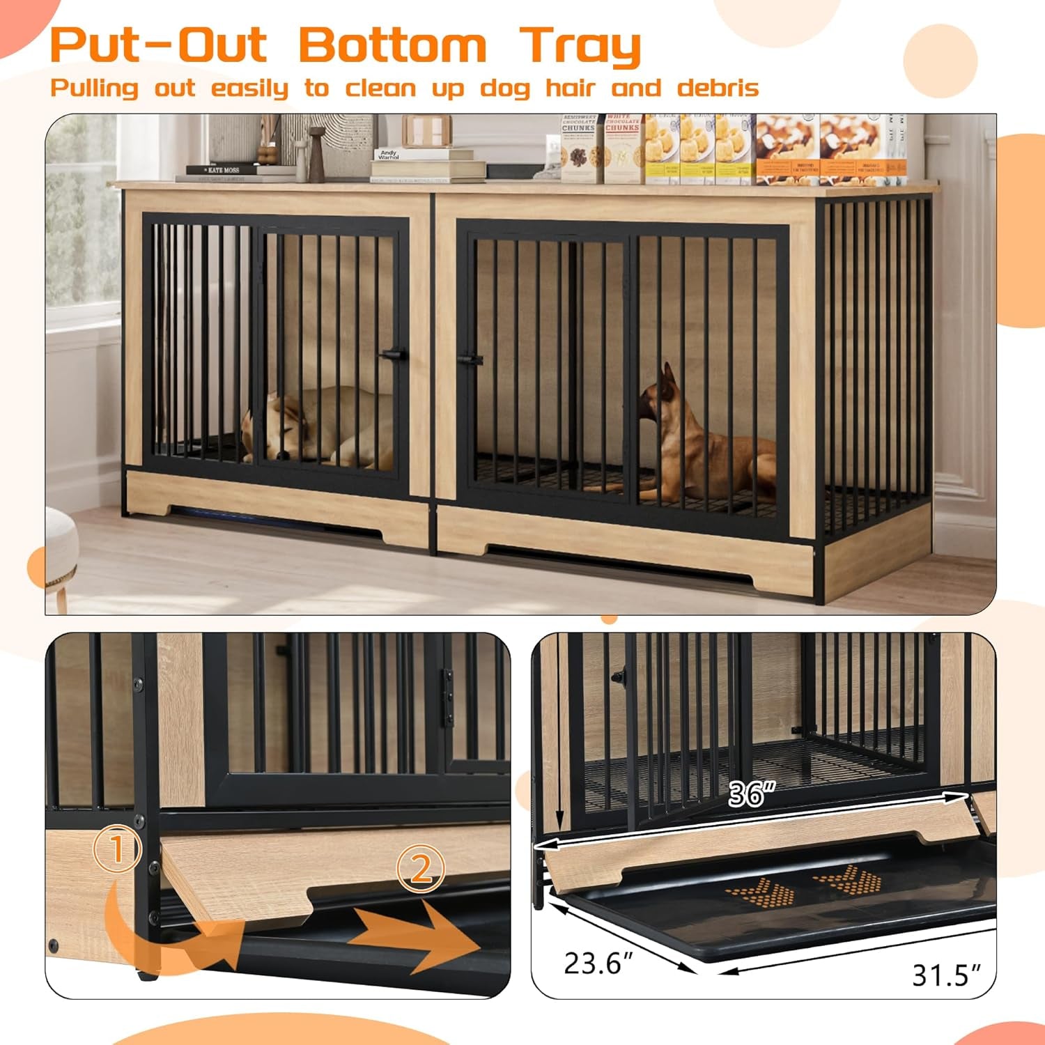 74.8" Large Dog Crate Furniture, Heavy Duty Dog Kennel House with 2 Removable Trays and Divider, Double Doors & Locks Design, Indoor Wooden Dog Crates TV Stand (Black+Natural, 74.80" L)