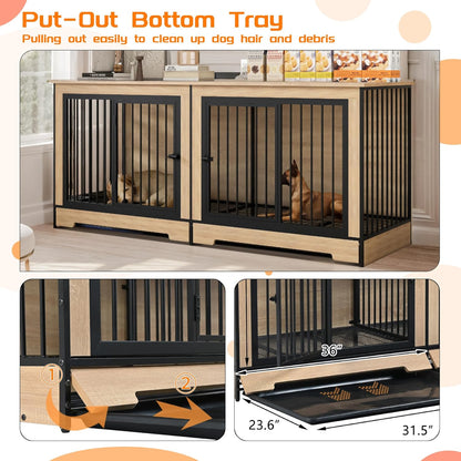74.8" Large Dog Crate Furniture, Heavy Duty Dog Kennel House with 2 Removable Trays and Divider, Double Doors & Locks Design, Indoor Wooden Dog Crates TV Stand (Black+Natural, 74.80" L)