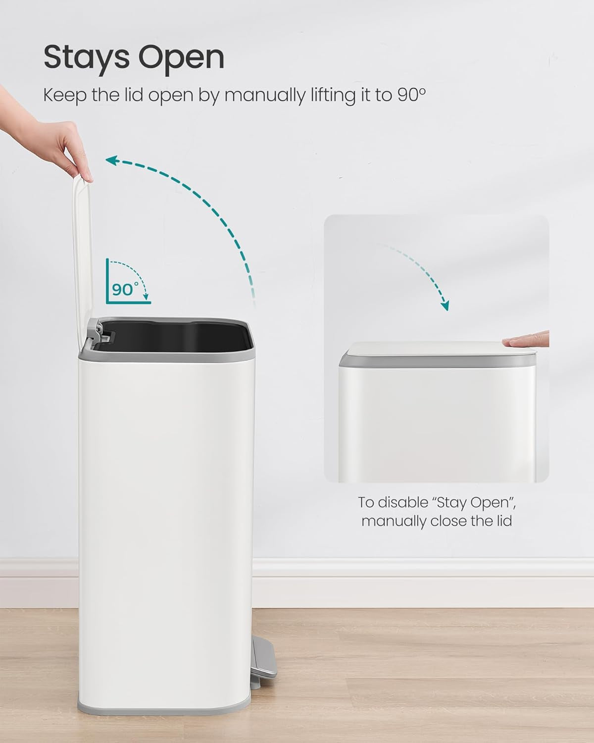 Kitchen Trash Can, 13-Gallon (50 L) Garbage Can with Lid, Stainless Steel, Soft Close and Stays Open, Inner Bucket, Wide Non-Slip Pedal, Cloud White ULTB547W01
