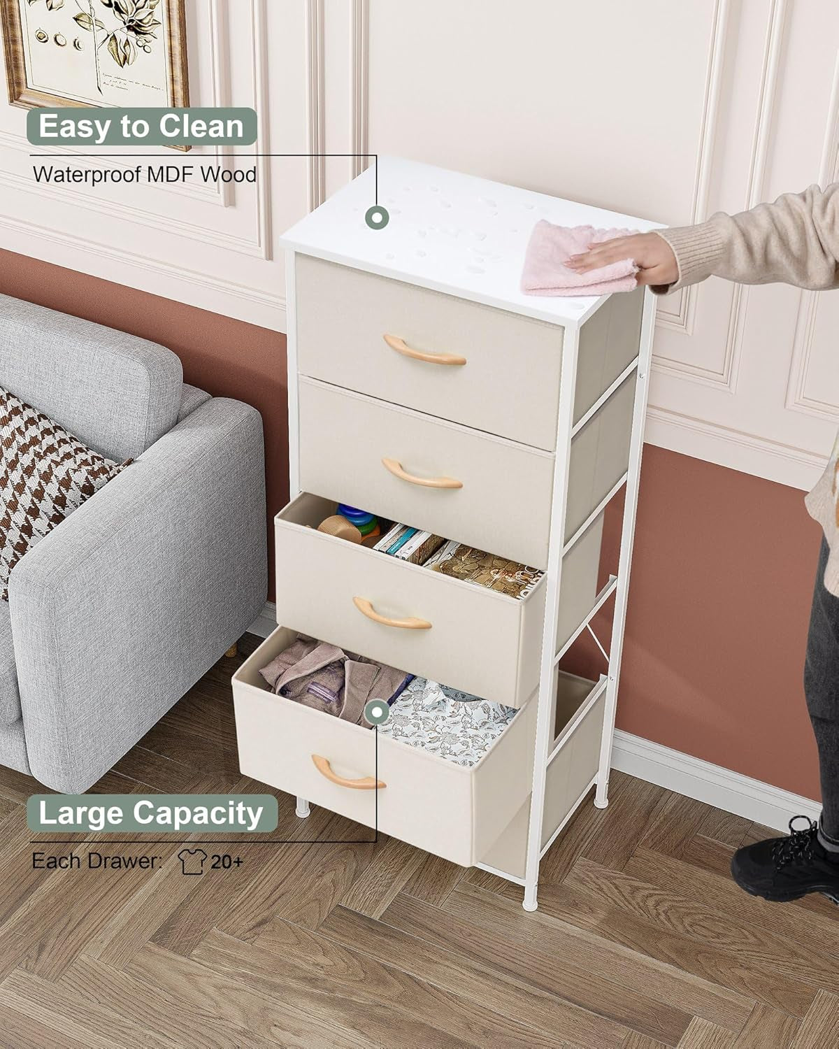 Vertical Dresser Storage Tower - Sturdy Steel Frame, Wood Top, Easy Pull Fabric Bins - Organizer Unit for Bedroom, Hallway, Entryway, Closets - 5 Drawers(Beige)