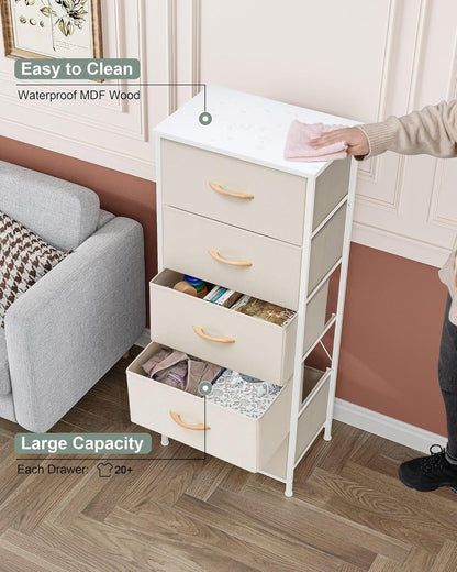 Vertical Dresser Storage Tower - Sturdy Steel Frame, Wood Top, Easy Pull Fabric Bins - Organizer Unit for Bedroom, Hallway, Entryway, Closets - 5 Drawers(Beige)