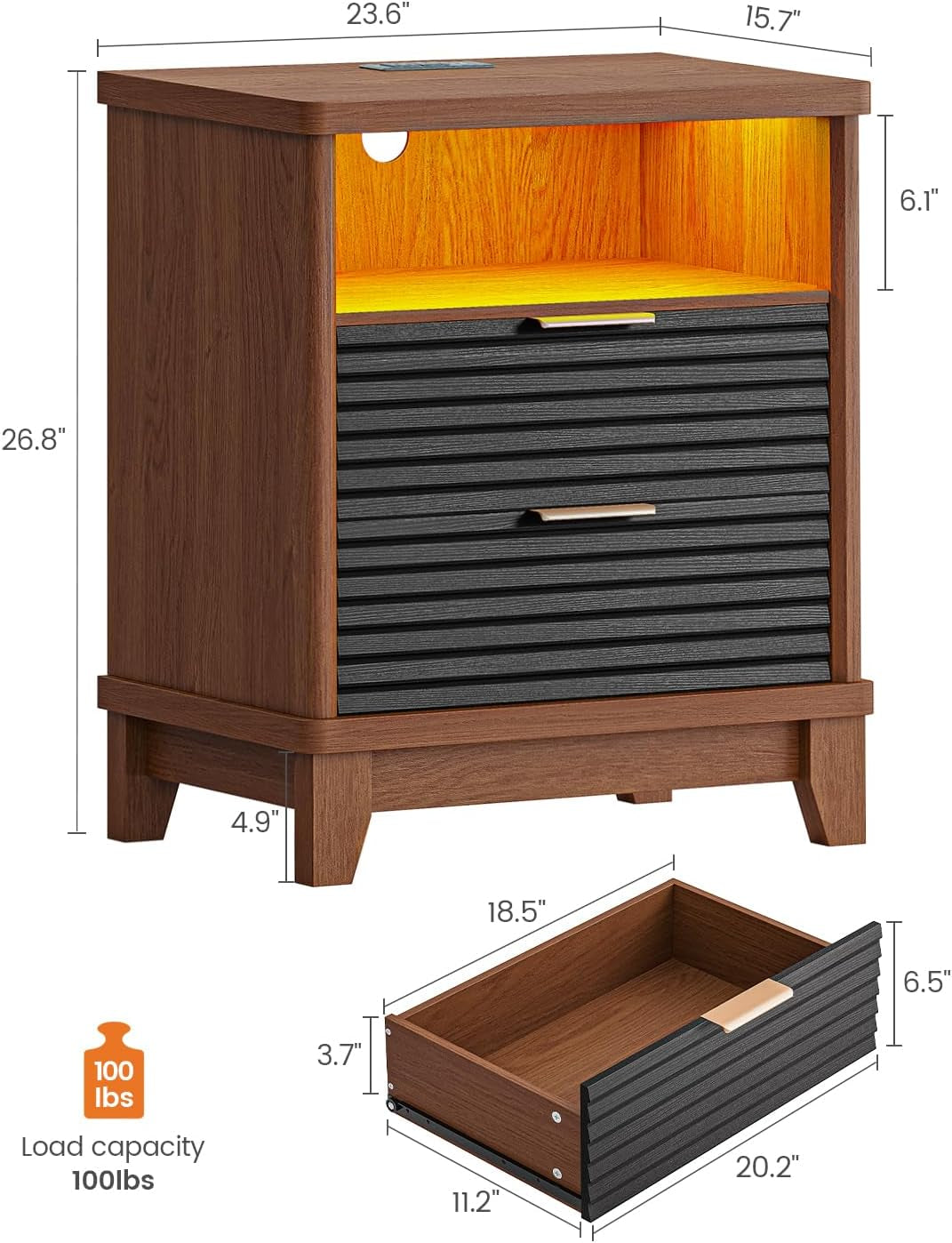 Fluted Night Stand Set of 2 with Charging Station and 2 Drawers, Black Nightstands Set of 2, beside Table with Open Storage and Led Lights, Retro End Side Table for Bedroom, Black