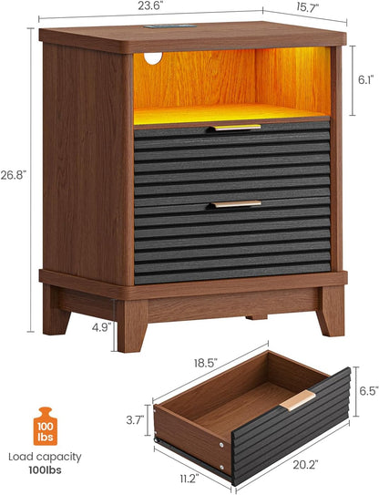 Fluted Night Stand Set of 2 with Charging Station and 2 Drawers, Black Nightstands Set of 2, beside Table with Open Storage and Led Lights, Retro End Side Table for Bedroom, Black