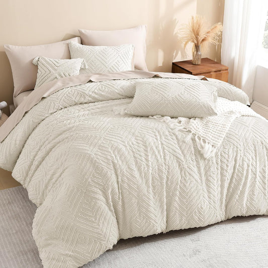 Queen Comforter Set Beige, 3 Pieces Cream Tufted Boho Farmhouse Bedding Comforter Sets, Lightweight Fluffy Comforter Bed Set for All Season (90X90In Comforter and 2 Pillowcases)