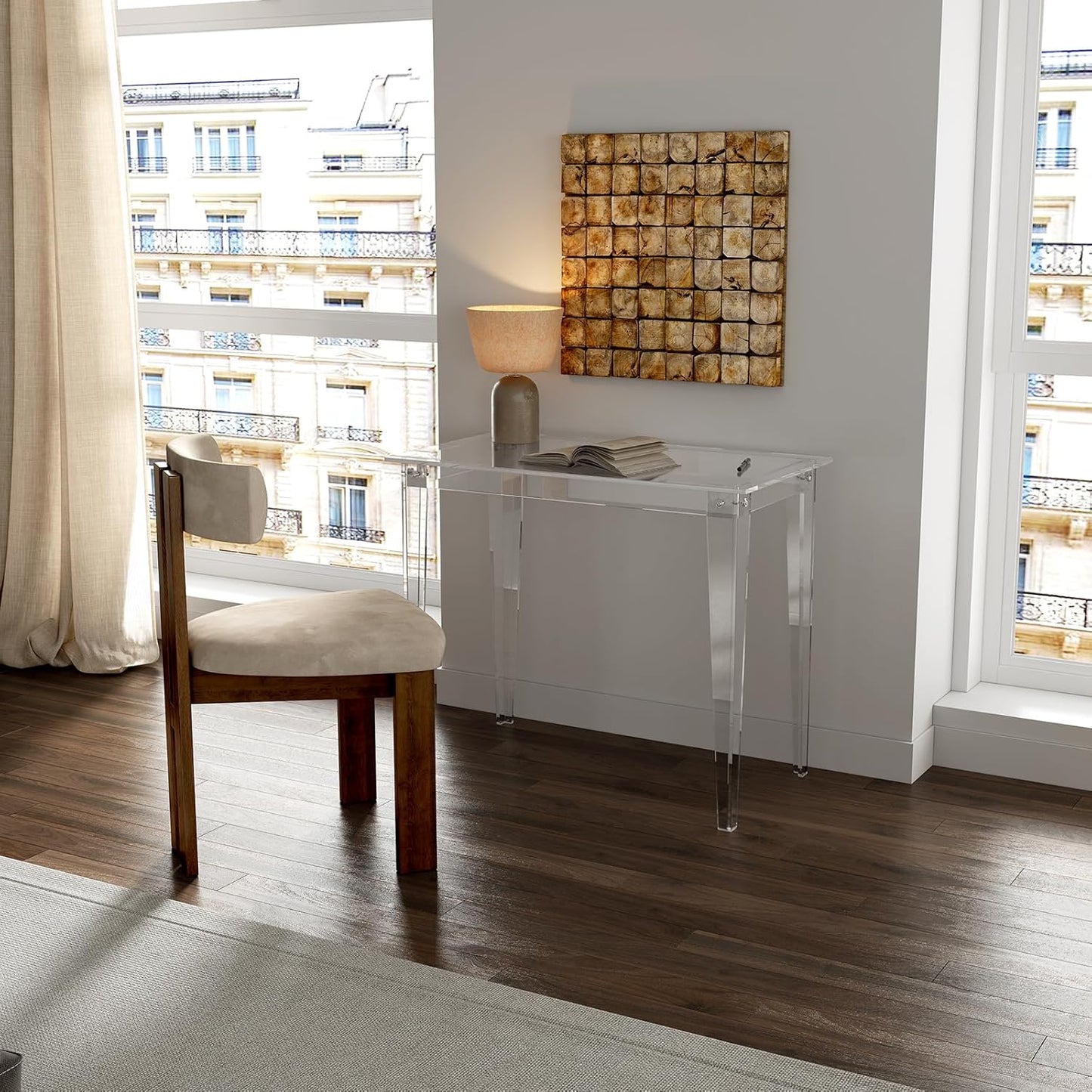 Small Acrylic Computer Desk, 35.4 Inch, Clear Study Desk for Home Office, Writing, Vanity, Modern, Easy Assembly, 19.7" W X 29.5" H, Right-Angle Legs Design