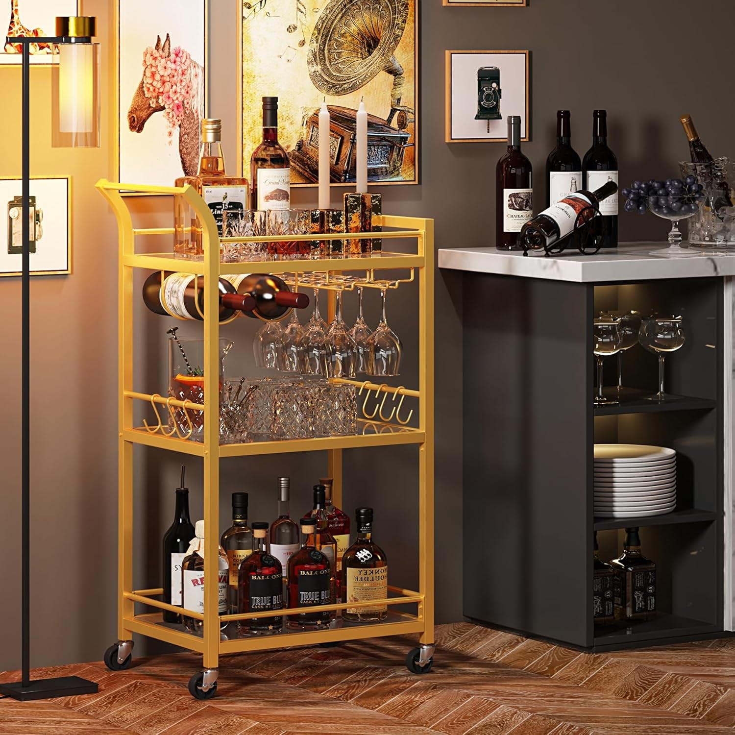 Bar Cart, Home Bar Serving Cart with 3-Tier Mirrored Shelf, Wine Cart, Mobile Kitchen Shelf, Gold BC01BB034