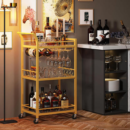 Bar Cart, Home Bar Serving Cart with 3-Tier Mirrored Shelf, Wine Cart, Mobile Kitchen Shelf, Gold BC01BB034