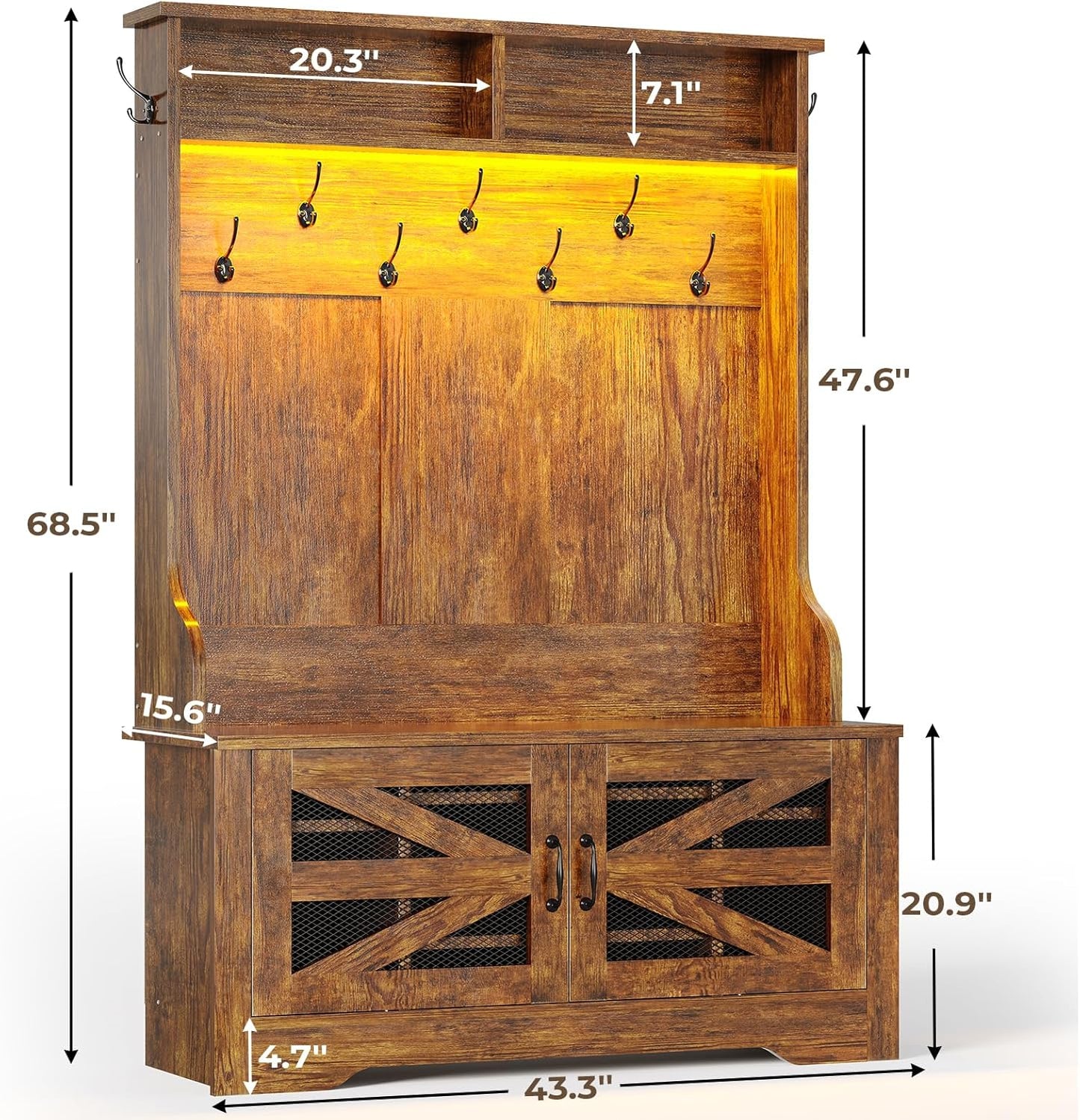 Hall Tree with Bench and Shoe Storage, 5-In-1 Entryway Bench with Coat Rack, 10 Shoe Cubbies & 9 Coat Hooks, Barn Door & Adjustable Shelf (Rustic Brown)