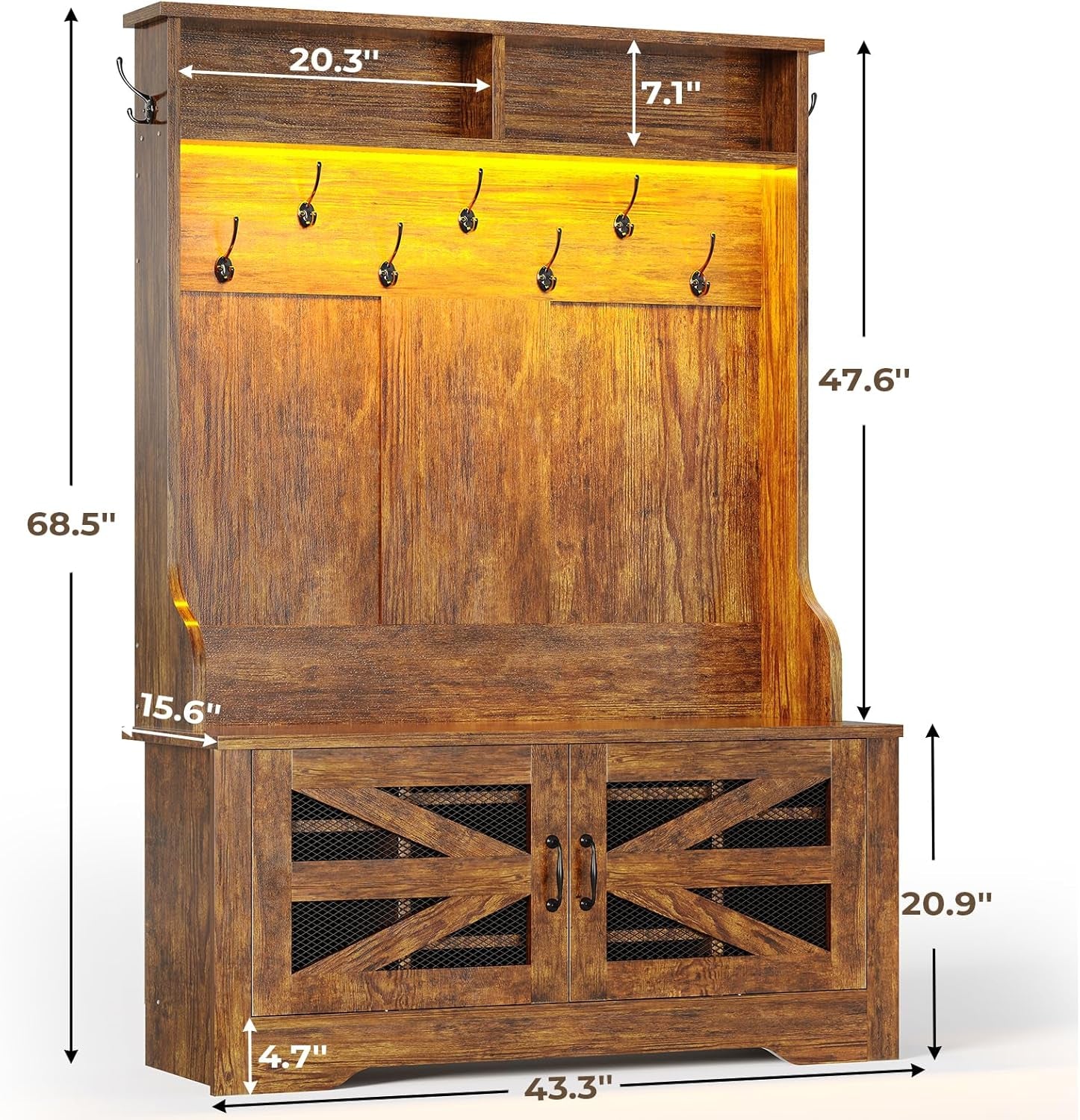 Hall Tree with Bench and Shoe Storage, 5-In-1 Entryway Bench with Coat Rack, 10 Shoe Cubbies & 9 Coat Hooks, Barn Door & Adjustable Shelf (Rustic Brown)