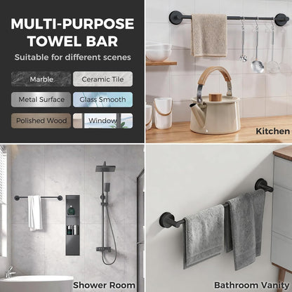 Adjustable Suction Cup Towel Bar for Bathroom Wall,14.6Inch~24 Inch Towel Racks for Bathroom,Stainless Steel Bath Towel Holder for Shower(Matte Black)