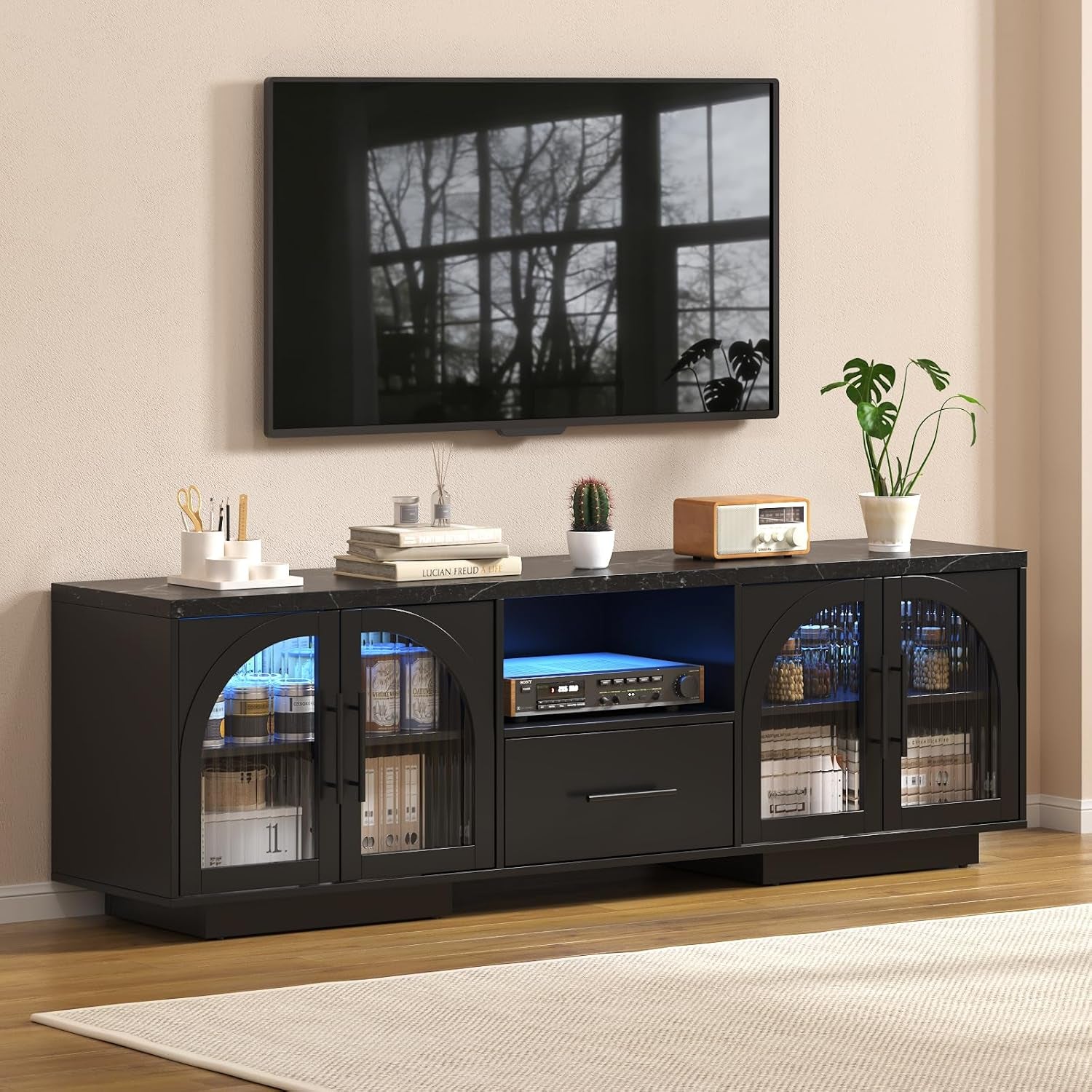70" LED TV Stand with Storage for 75/80" Tvs, Faux Marble Entertainment Center with Arched Fluted Glass Doors - Modern Television Stands Console for Living Room, Bedroom, Black