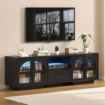 70" LED TV Stand with Storage for 75/80" Tvs, Faux Marble Entertainment Center with Arched Fluted Glass Doors - Modern Television Stands Console for Living Room, Bedroom, Black