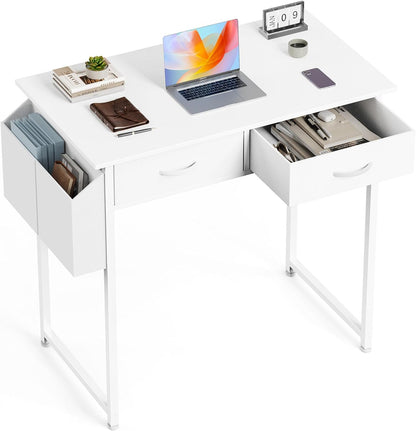 32 Inch Small Desk with Drawers, Home Office Computer Desk with Storage Bag and Headphone Hook, Study Writing Table with Adjustable Feet for Bedroom, White