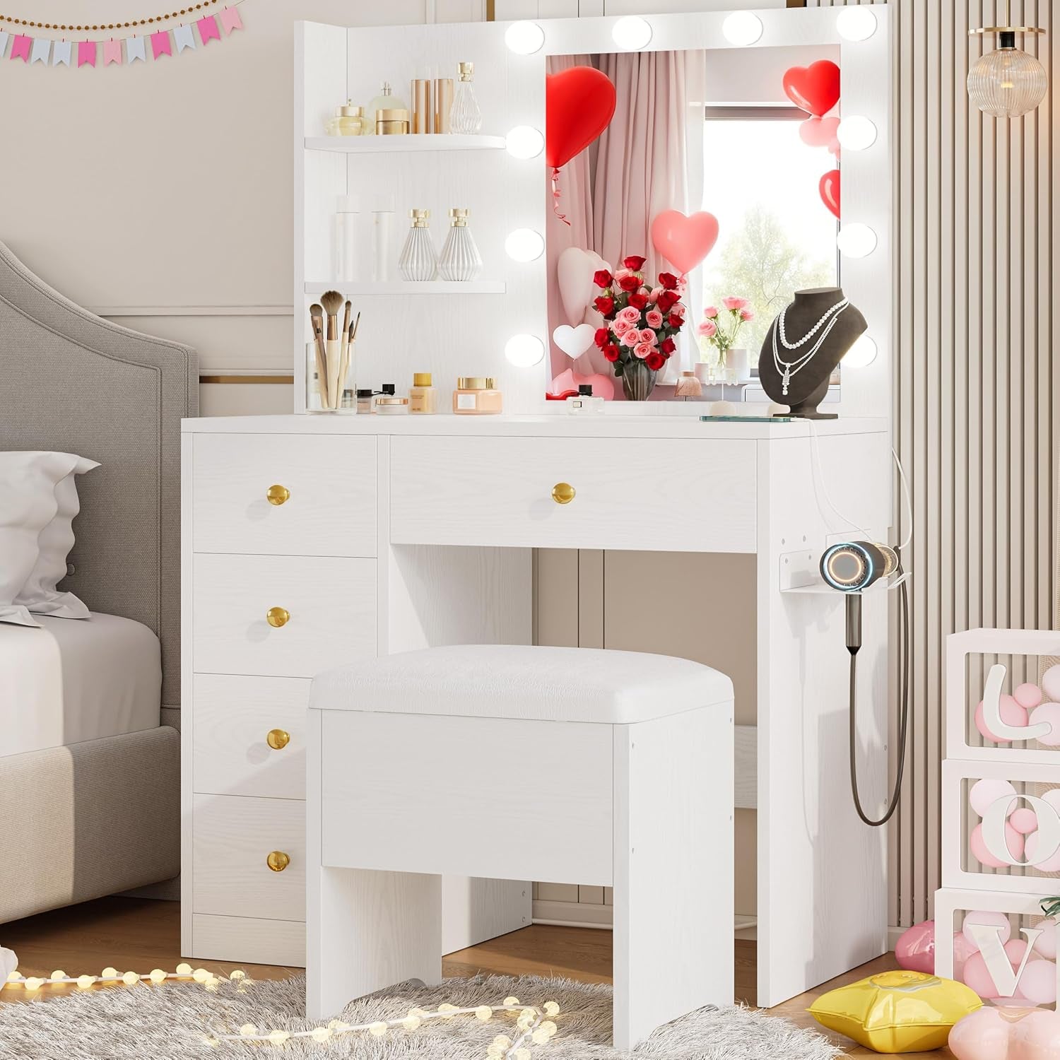 Vanity Desk with Mirror and Lights, Small Makeup Vanity Table with 5 Drawers, Power Outlet, and Vanity Stool, 3 Lighting Colors, Dressing Table for Women Girls Bedroom, White