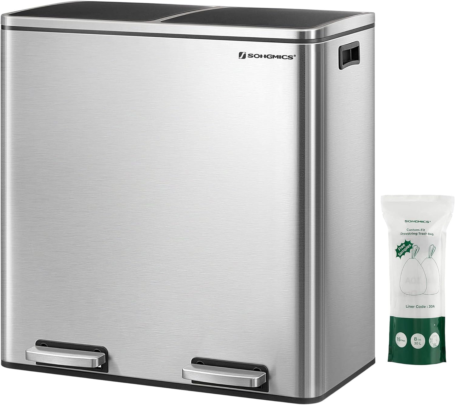 Trash Can, 2 X 8 Gallon (2 X 30 L) Garbage Can for Kitchen, with 15 Trash Bags, 2 Compartments, Plastic Inner Buckets and Hinged Lids, Airtight, Silver and Black ULTB60NL