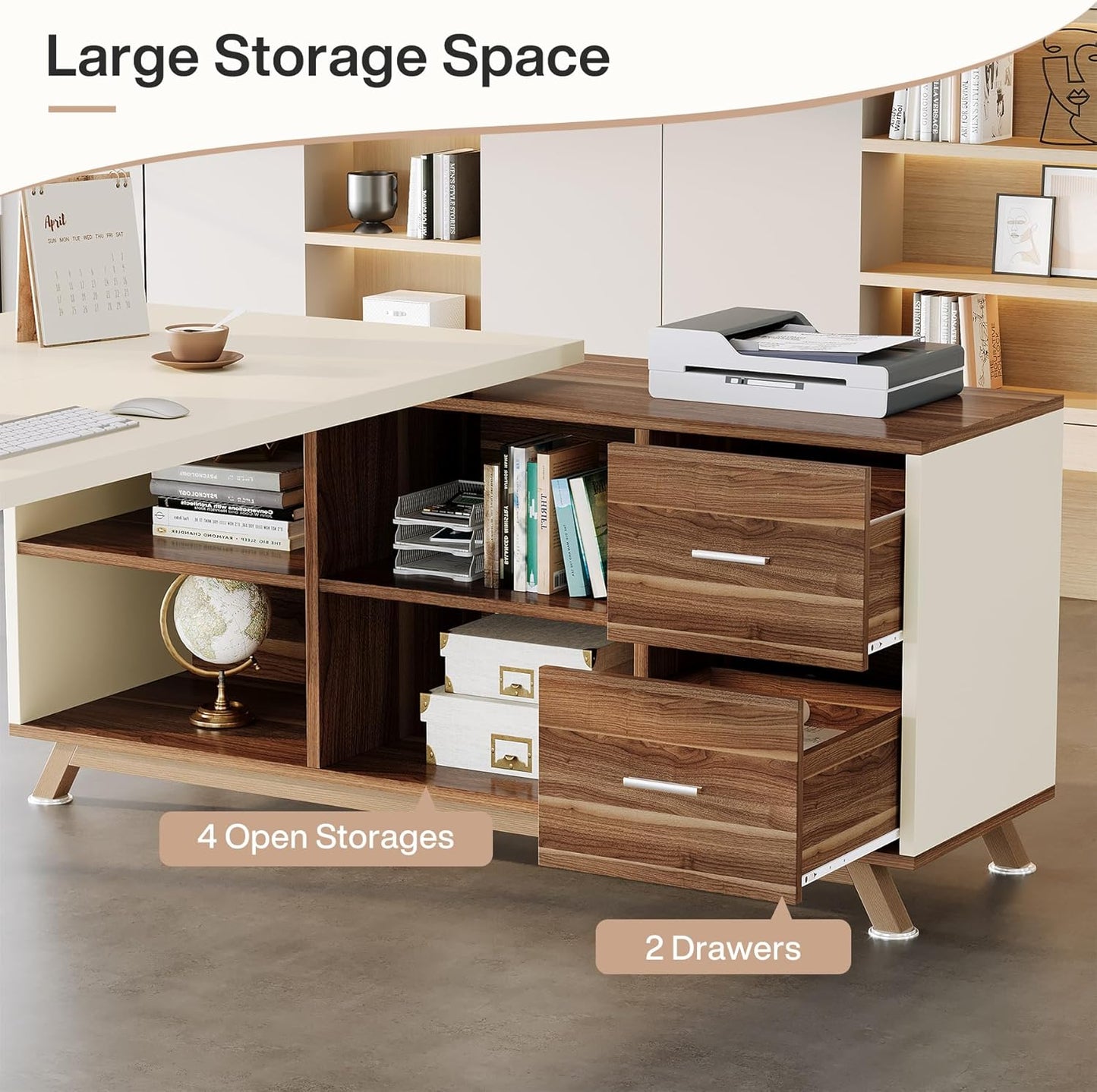 78.7" L-Shaped Executive Desk, Modern Office Desk with File Drawers & Storage Shelves, Large Computer Desk with 55-Inch Cabinet, Business Workstation for Home Office, Beige & Walnut