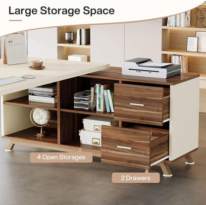 78.7" L-Shaped Executive Desk, Modern Office Desk with File Drawers & Storage Shelves, Large Computer Desk with 55-Inch Cabinet, Business Workstation for Home Office, Beige & Walnut