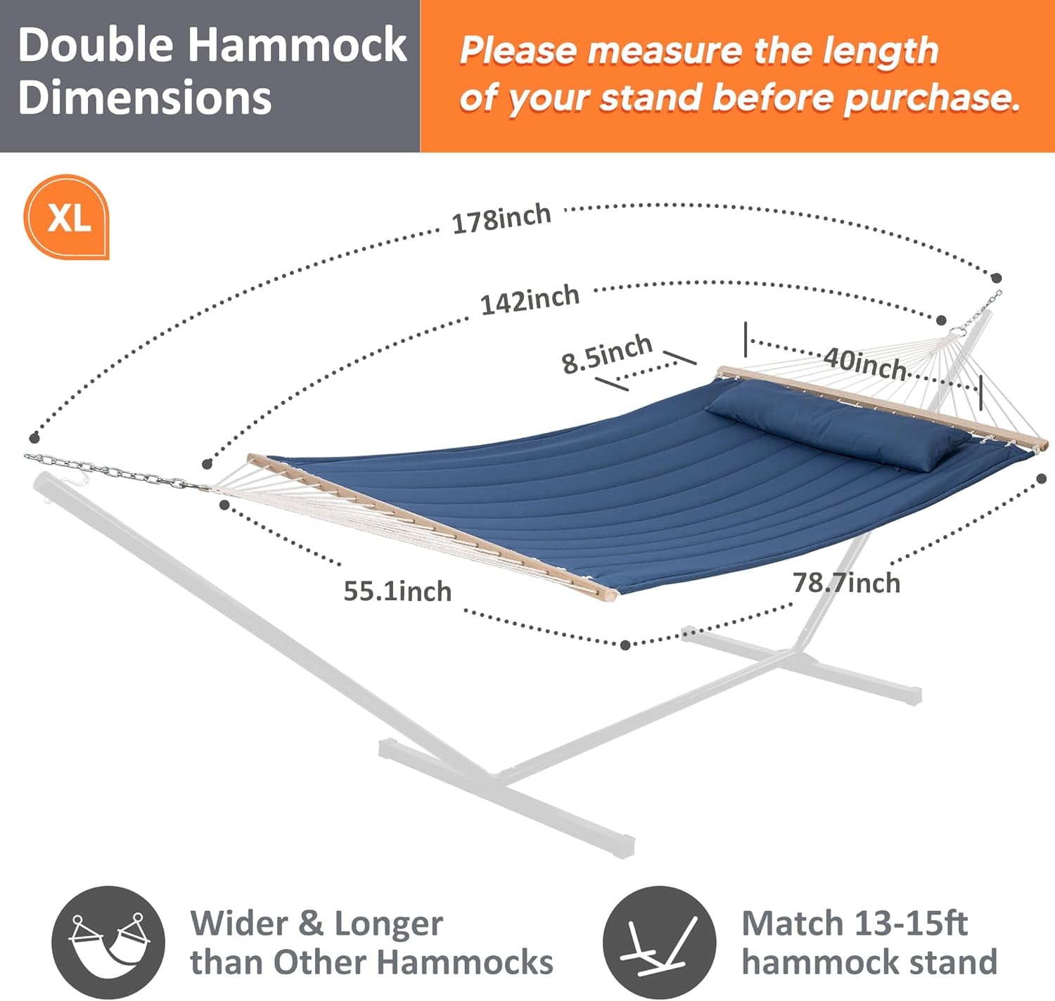 Double Outdoor Hammock with Hardwood Spreader Bar, Extra Large Pillow, 475 Lbs Capacity, Heavy Duty 2 Person Hammock, Blue