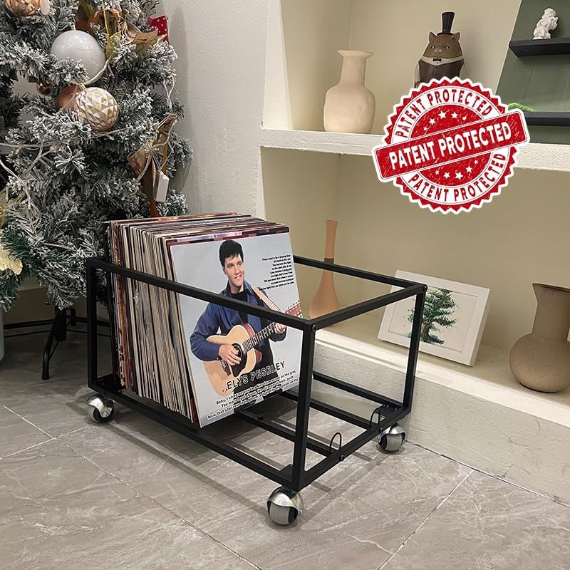 Vinyl Record Storage Holder on Wheels - with Dust Cover - Holds up to 100 LP - Album Holder Display Stand - Vinyl Record LP Storage Organizer - Sturdy Metal Structure(Smooth Black)…