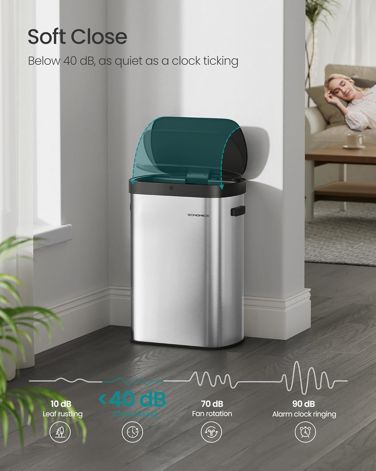 Motion Sensor Trash Can, 13-Gallon (50 L) Automatic Garbage Can with Soft Close Lid, Stainless Steel, Wave or Touch to Open, Includes 15 Bags, Metallic Silver and Ink Black ULTB640E01