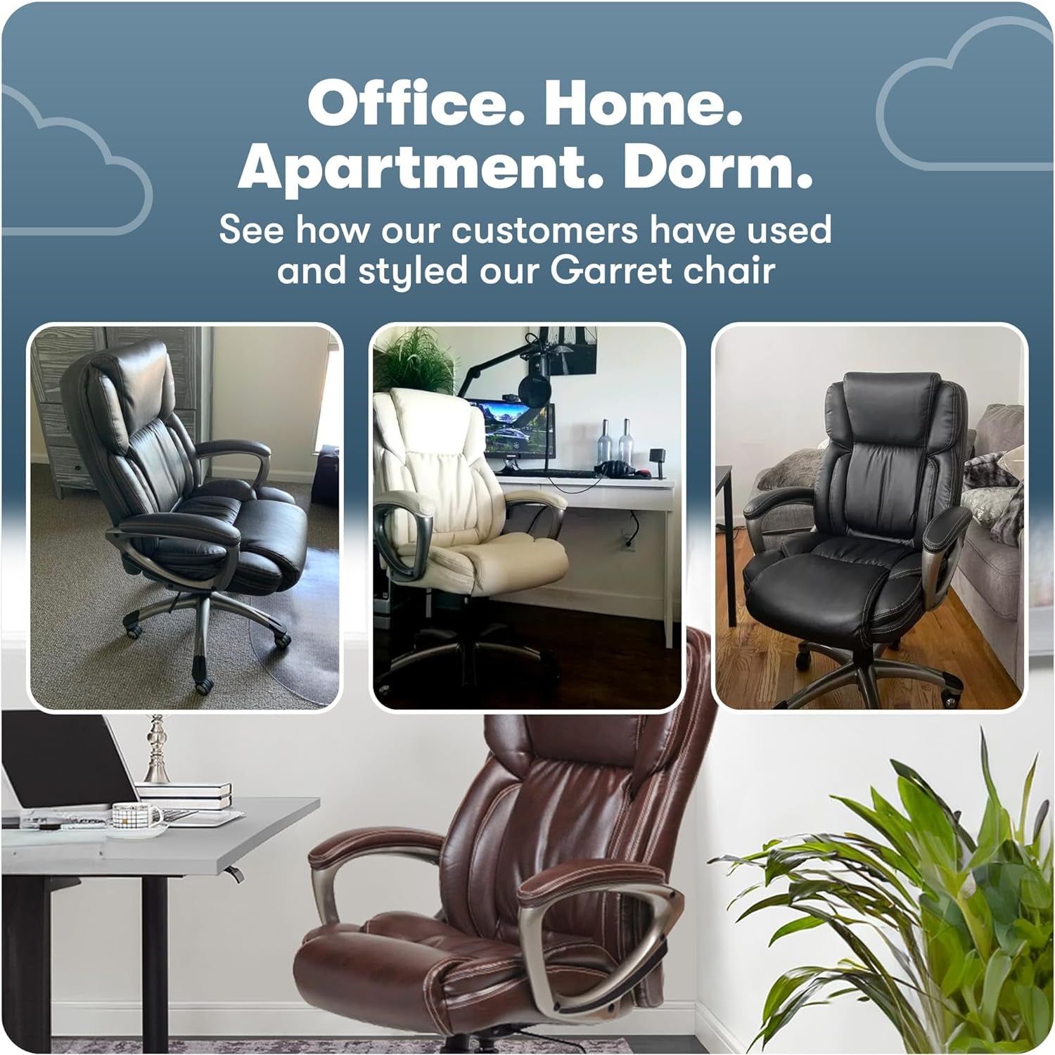 Garret Executive Office Chair, Ergonomic Mid-Back with Lumbar Support, Semi-Plush Cushion and Body Pillows, Padded Armrests, Swivel Base, Bonded Leather, Ivory White