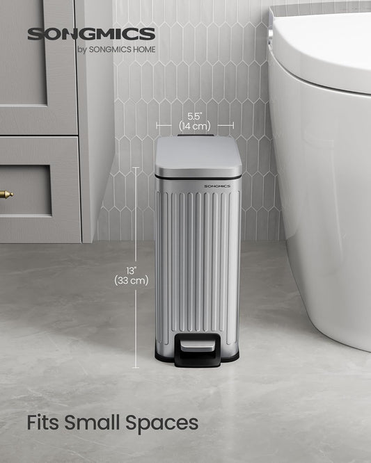 Bathroom Trash Can, 1.6-Gallon (6 L) Trash Bin with Lid, Slim for Small Spaces, Stainless Steel Garbage Can, Soft Close, Silver ULTB563E01