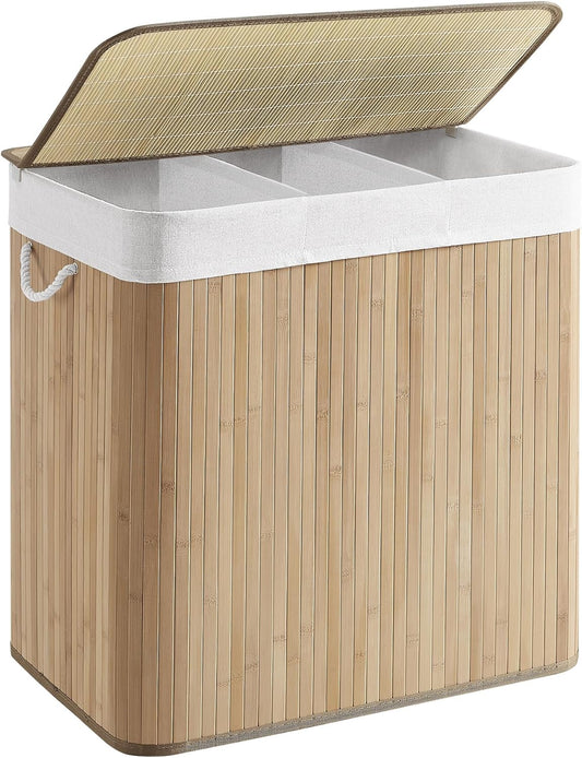 Laundry Hamper, 39.6 Gallons (150L), 3-Section Laundry Basket, Laundry Hamper with Lid, Bamboo, Foldable, Removable and Machine Washable Liner, for Laundry Room, Bedroom, Natural ULCB091N01