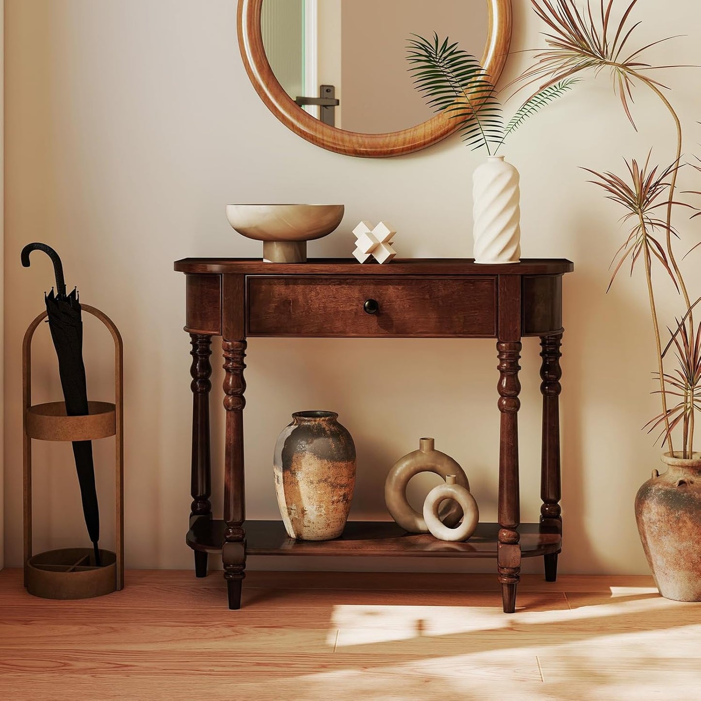 2-Tier Console Table, 36" Retro Entryway Table with Storage Drawer & Elegant Legs, Narrow Wooden Sofa Table with Open Shelf for Living Room, Foyer, Hallway, Bedroom, Entrance (Brown)