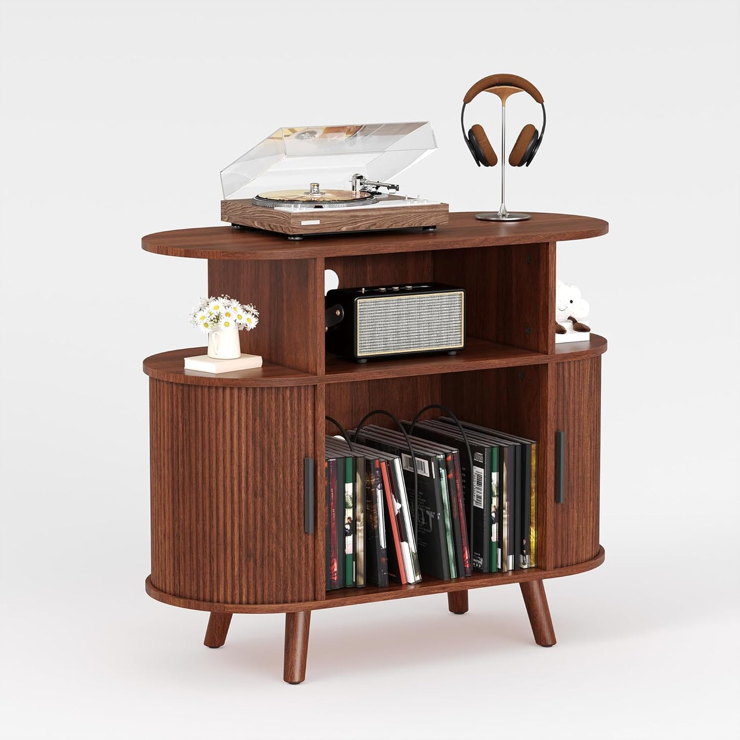 35'' Fluted Mid Century Modern Turntable Cabinet, Large round Record Player Stand with Charging Station and Display Shelf, Arched Wood Record Player Table for Living Room