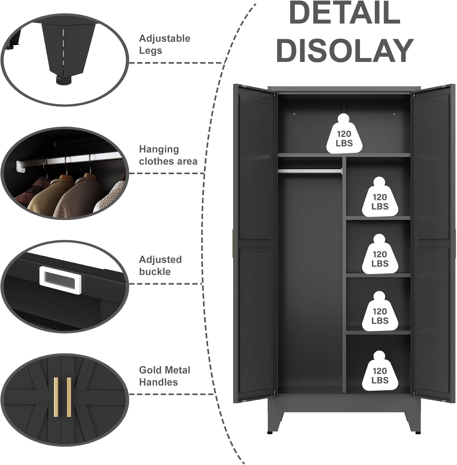 Metal Armoire Wardrobe Closet with Hanging Rod,71'' Metal Wardrobe Cabinet with 2 Doors and 4 Adjustable Shelves, Bedroom Armoires,Laundry Room Cabinets,Armario De Ropa Closet