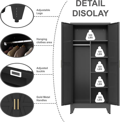 Metal Armoire Wardrobe Closet with Hanging Rod,71'' Metal Wardrobe Cabinet with 2 Doors and 4 Adjustable Shelves, Bedroom Armoires,Laundry Room Cabinets,Armario De Ropa Closet