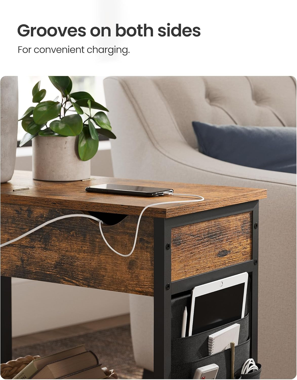 Side Tables with Storage, Set of 2 End Tables with USB Ports and Outlets, Nightstands with Charging Stations, Fabric Bags, for Living Room, Bedroom, Rustic Brown and Black ULET315B01V1